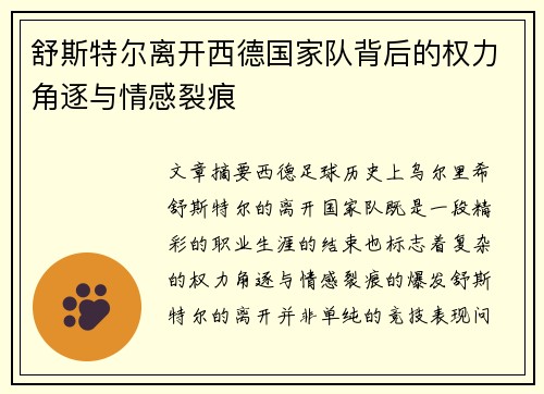舒斯特尔离开西德国家队背后的权力角逐与情感裂痕