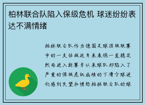 柏林联合队陷入保级危机 球迷纷纷表达不满情绪