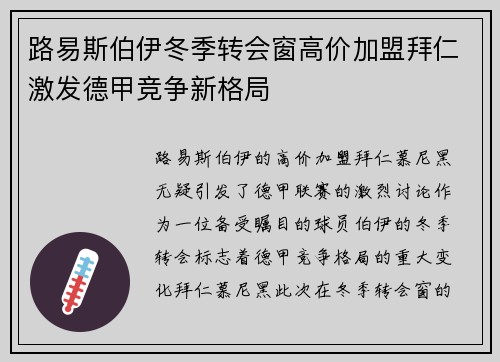 路易斯伯伊冬季转会窗高价加盟拜仁激发德甲竞争新格局 路易斯伯伊冬季转会窗高价加盟拜仁激发德甲竞争新格局